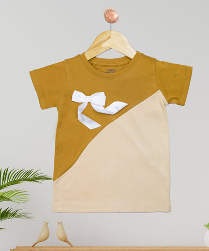 Half Sleeve Girls Beige Tshirt with Bow