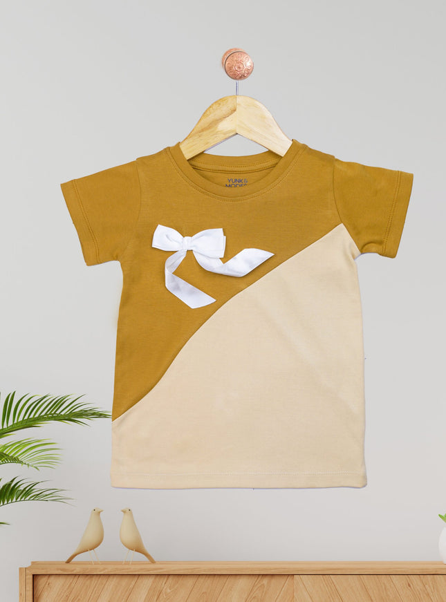 Half Sleeve Girls Beige Tshirt with Bow