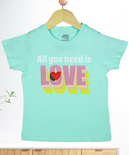 Half Sleeve Girls Blue Tshirt with Love Print