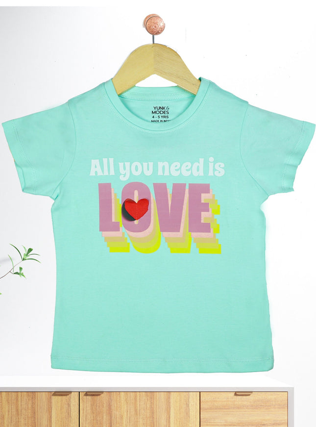 Half Sleeve Girls Blue Tshirt with Love Print