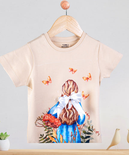 Half Sleeve Girls Beige Tshirt with Girl Print