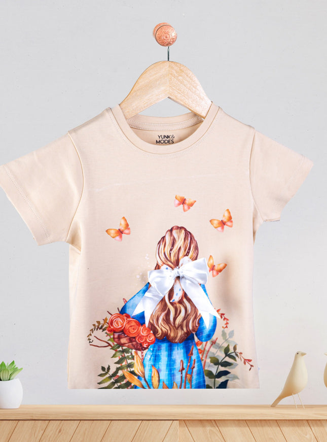 Half Sleeve Girls Beige Tshirt with Girl Print