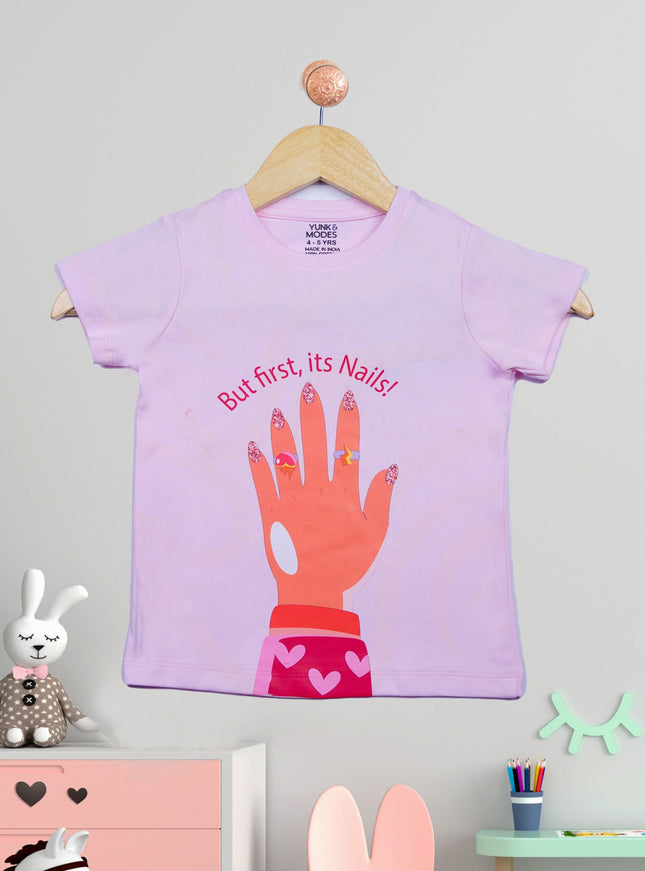 Half Sleeve Girls Pink Tshirt with Nail Print