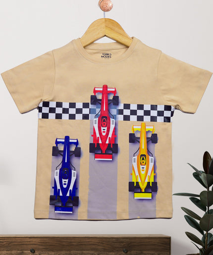 Half Sleeve Boys Beige Tshirt with Racing car Print