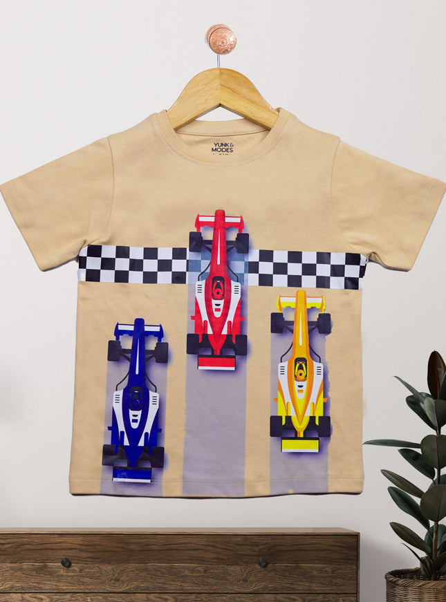 Half Sleeve Boys Beige Tshirt with Racing car Print