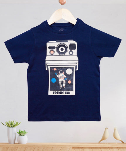 Half Sleeve Boys Navy Tshirt with Camera Print