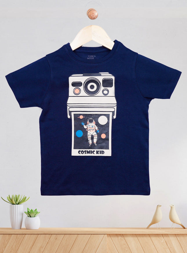 Half Sleeve Boys Navy Tshirt with Camera Print