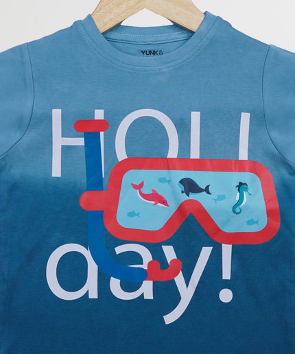 Half Sleeve Boys Blue Tye & Dye T-shirt with Holiday Print