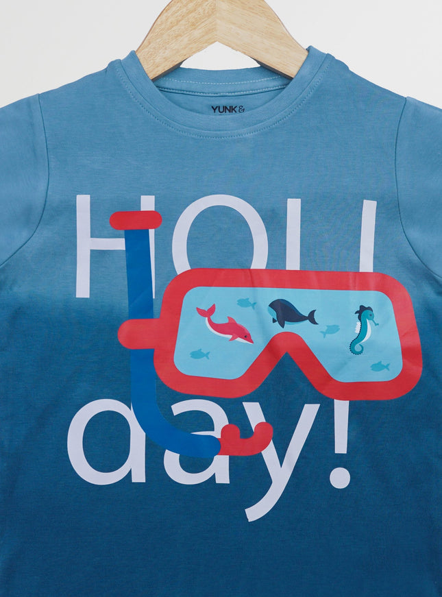 Half Sleeve Boys Blue Tye & Dye T-shirt with Holiday Print