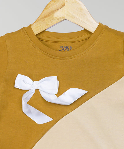 Half Sleeve Girls Beige Tshirt with Bow