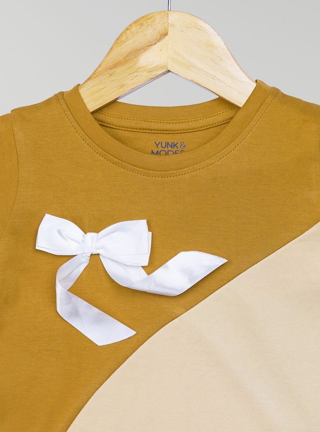 Half Sleeve Girls Beige Tshirt with Bow