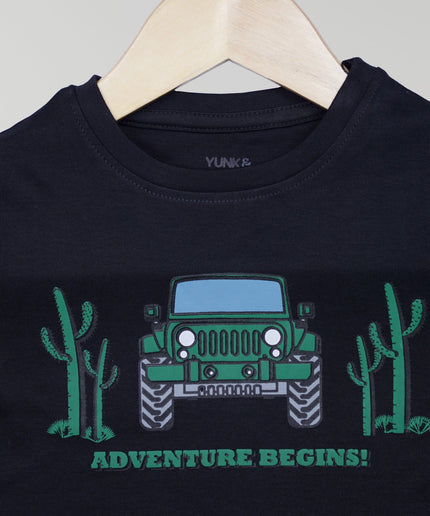 Half Sleeve Boys Black Tshirt with Jeep Print