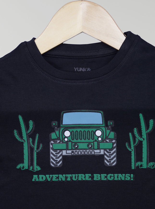 Half Sleeve Boys Black Tshirt with Jeep Print