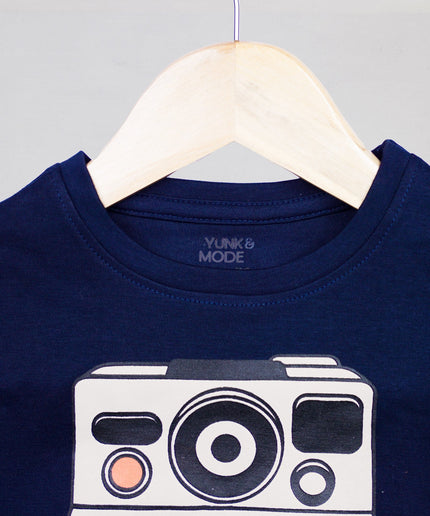 Half Sleeve Boys Navy Tshirt with Camera Print