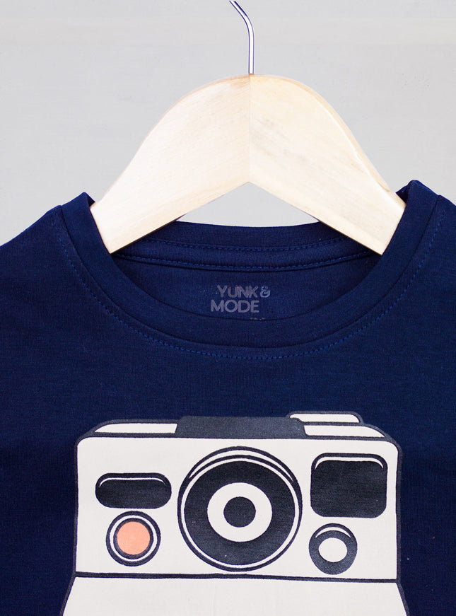 Half Sleeve Boys Navy Tshirt with Camera Print