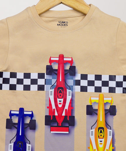 Half Sleeve Boys Beige Tshirt with Racing car Print