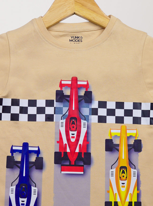 Half Sleeve Boys Beige Tshirt with Racing car Print