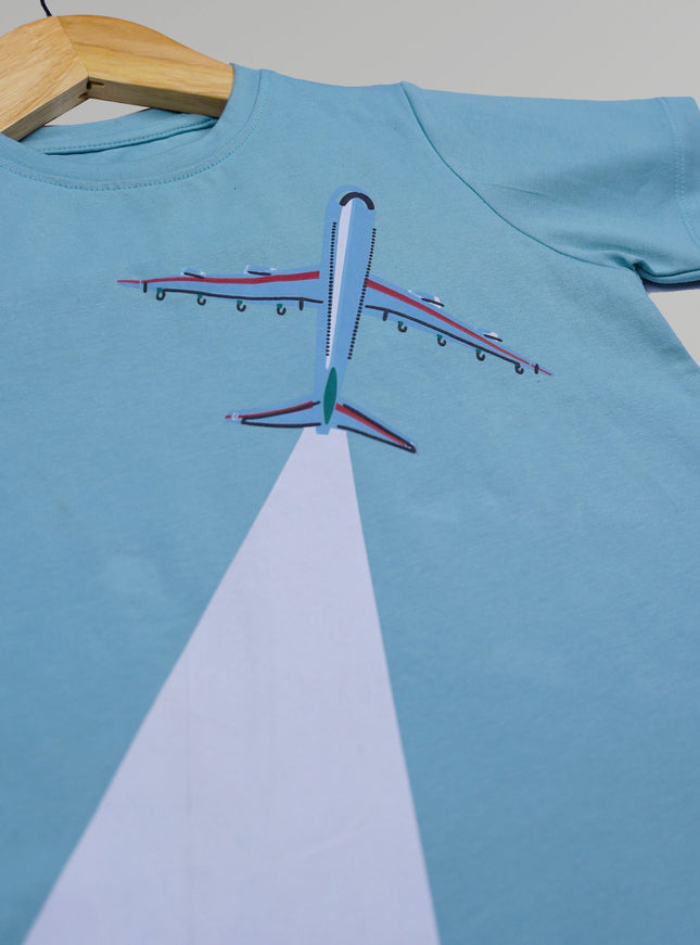 Half Sleeve Boys Grey Tshirt with Flight Print