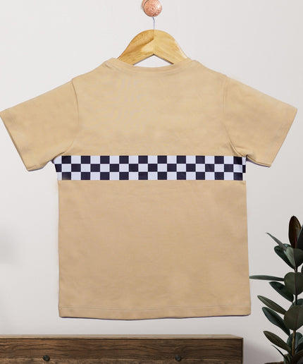 Half Sleeve Boys Beige Tshirt with Racing car Print