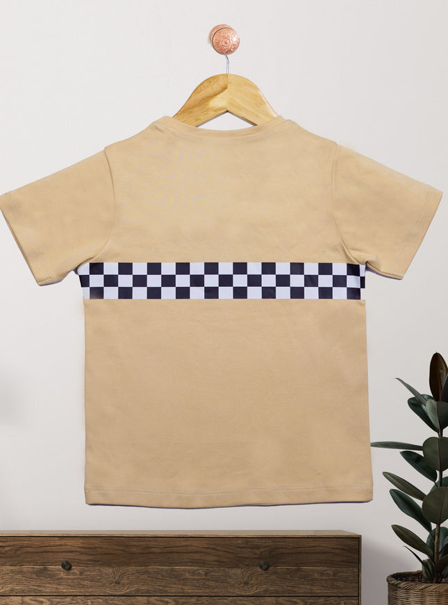 Half Sleeve Boys Beige Tshirt with Racing car Print