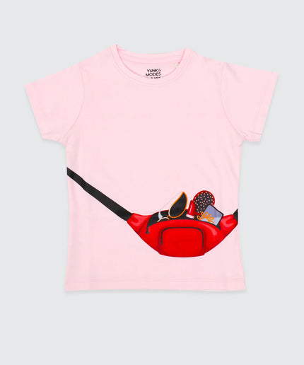 Half Sleeve Girls Pink Tshirt with Makeup Kit Print