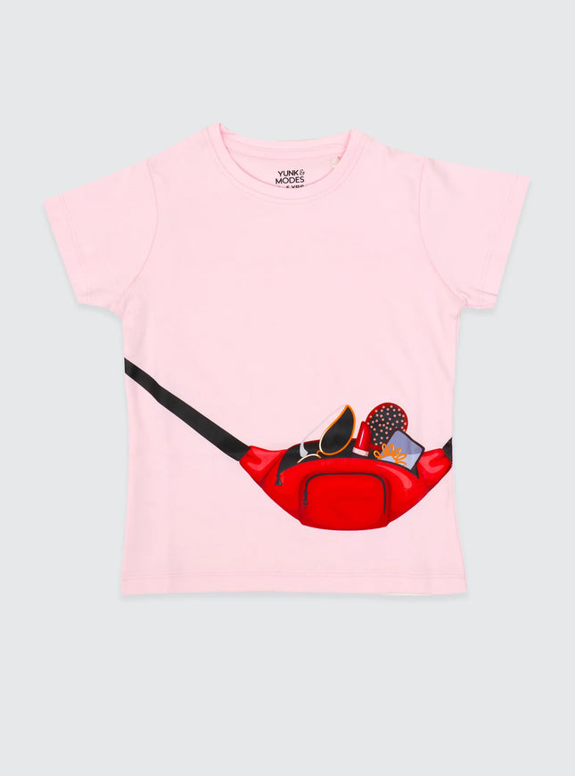 Half Sleeve Girls Pink Tshirt with Makeup Kit Print