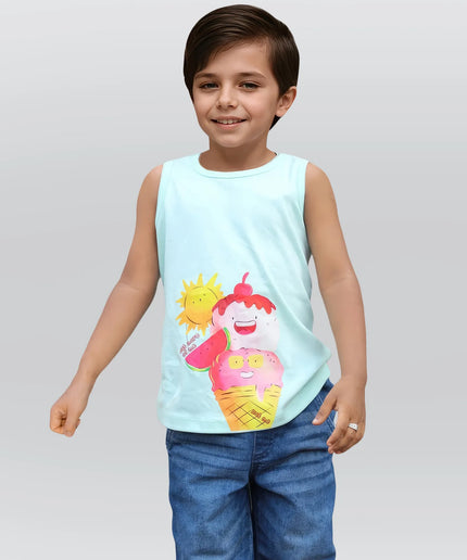 Sleeve Less Boys Blue Tshirt with Icecream Print