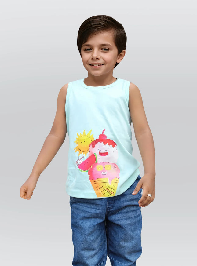 Sleeve Less Boys Blue Tshirt with Icecream Print