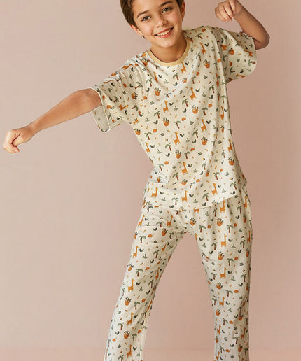 Boys Cotton Half Sleeve Animal Print PJ Set (Pant)