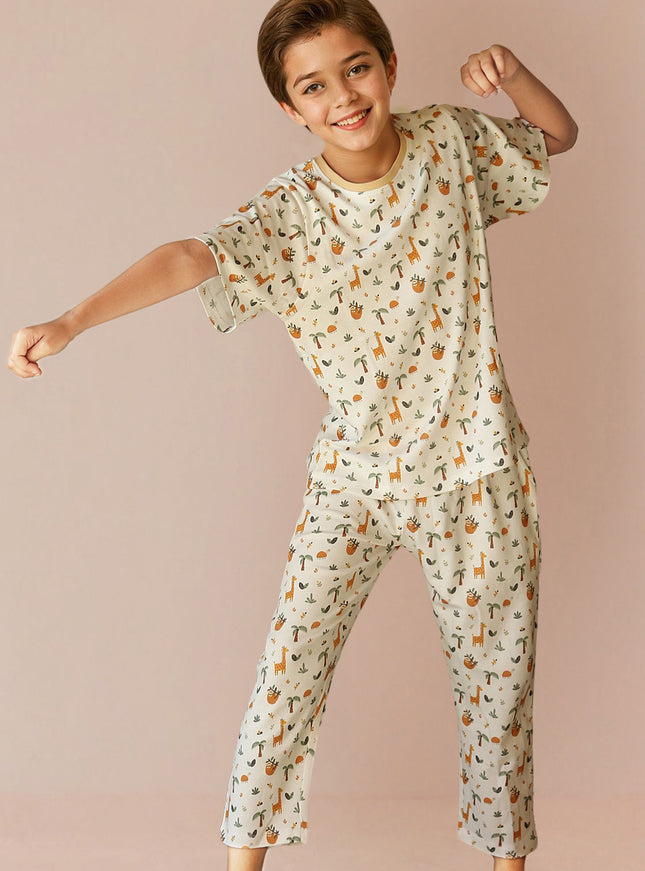 Boys Cotton Half Sleeve Animal Print PJ Set (Pant)