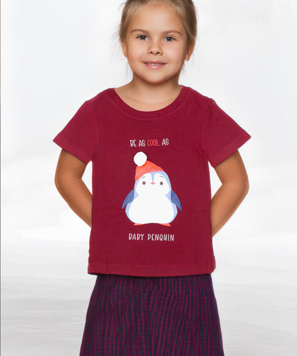 Half Sleeve Girls Wine Tshirt with Penguin print