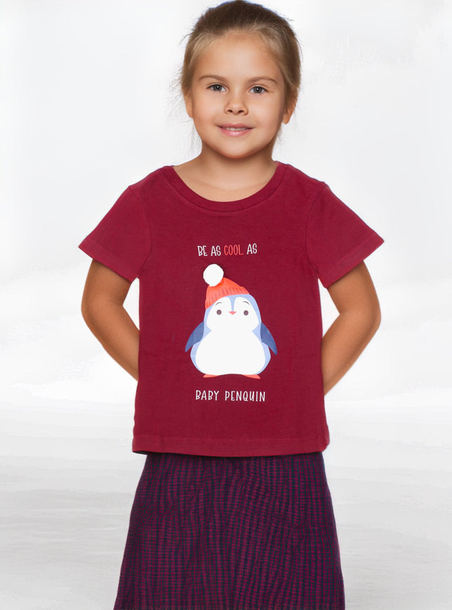 Half Sleeve Girls Wine Tshirt with Penguin print