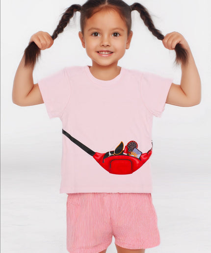 Half Sleeve Girls Pink Tshirt with Makeup Kit Print