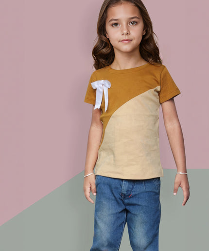 Half Sleeve Girls Beige Tshirt with Bow