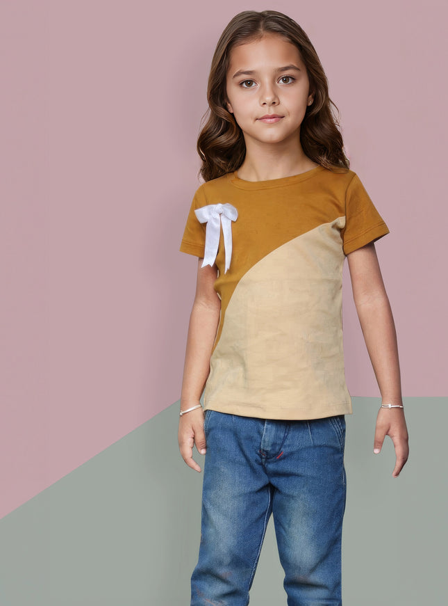 Half Sleeve Girls Beige Tshirt with Bow