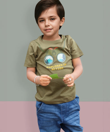 Half Sleeve Boys Green Tshirt with Binoculars Print