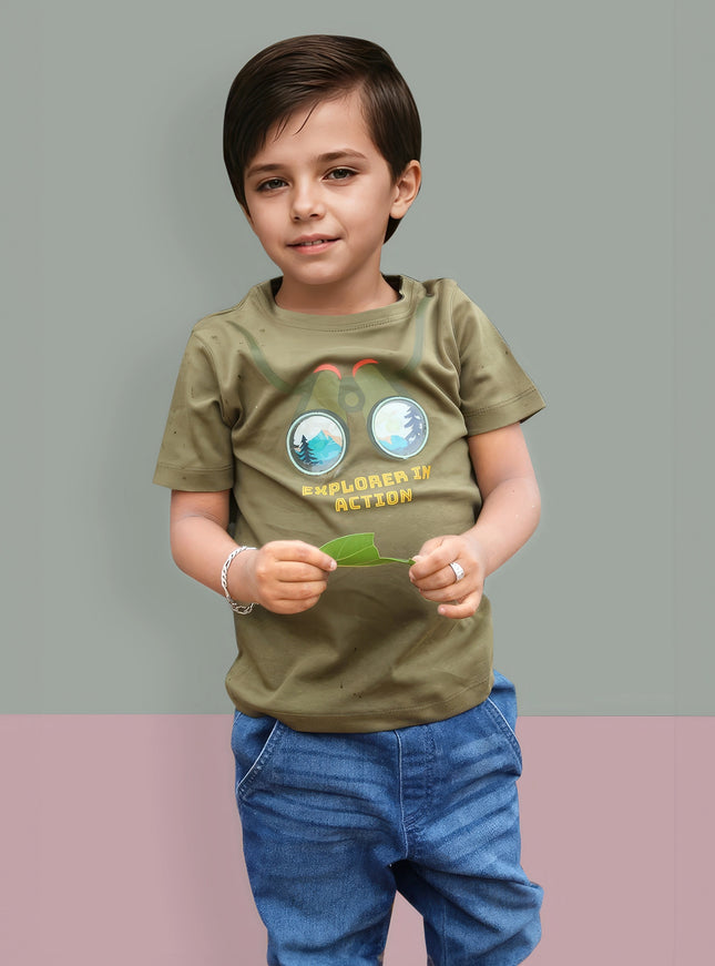 Half Sleeve Boys Green Tshirt with Binoculars Print