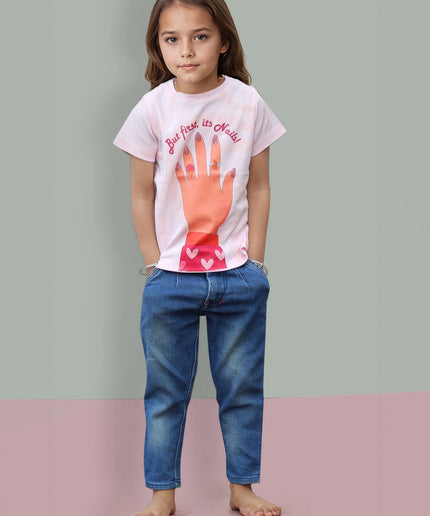 Half Sleeve Girls Pink Tshirt with Nail Print