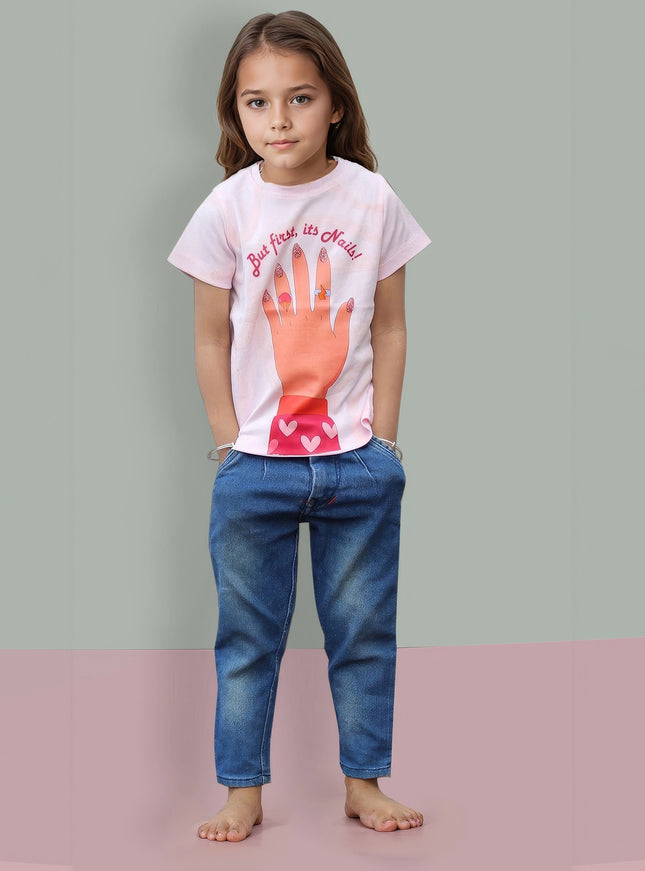 Half Sleeve Girls Pink Tshirt with Nail Print