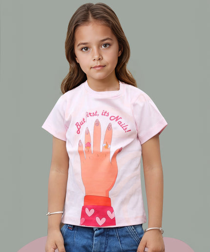 Half Sleeve Girls Pink Tshirt with Nail Print