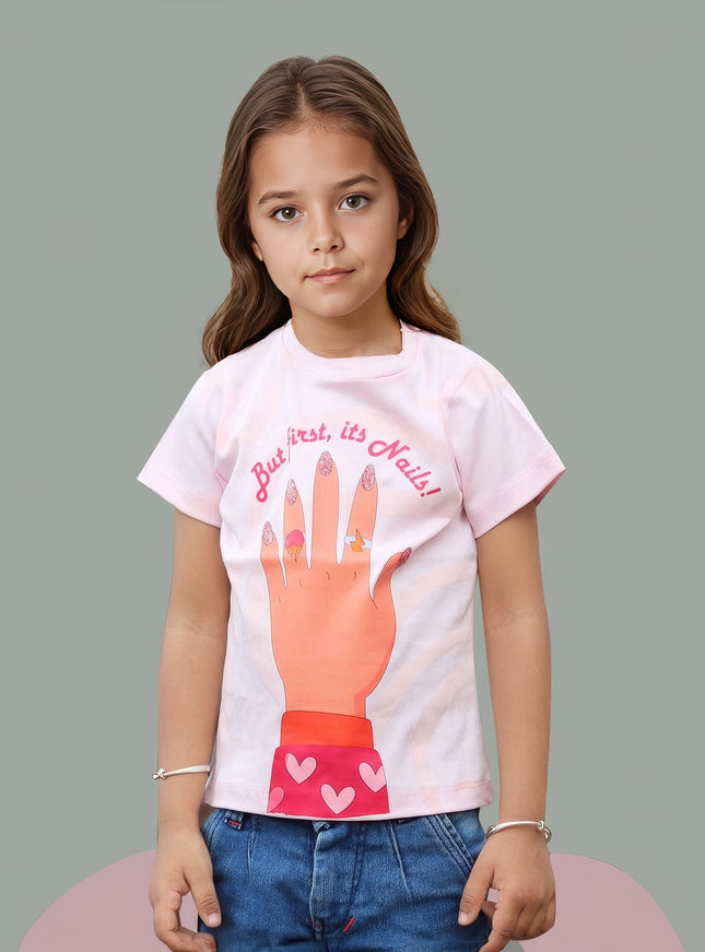 Half Sleeve Girls Pink Tshirt with Nail Print