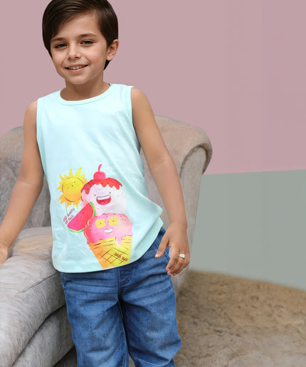 Sleeve Less Boys Blue Tshirt with Icecream Print