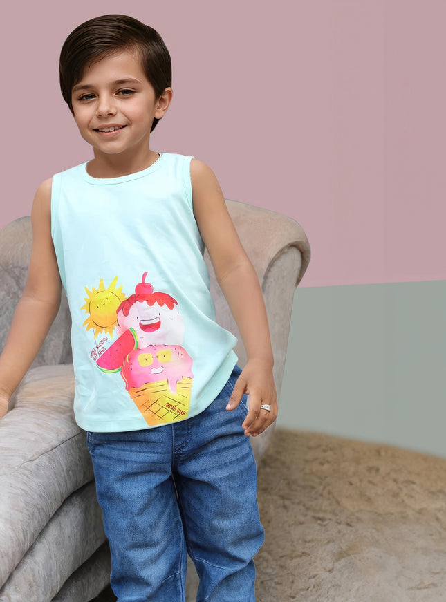 Sleeve Less Boys Blue Tshirt with Icecream Print