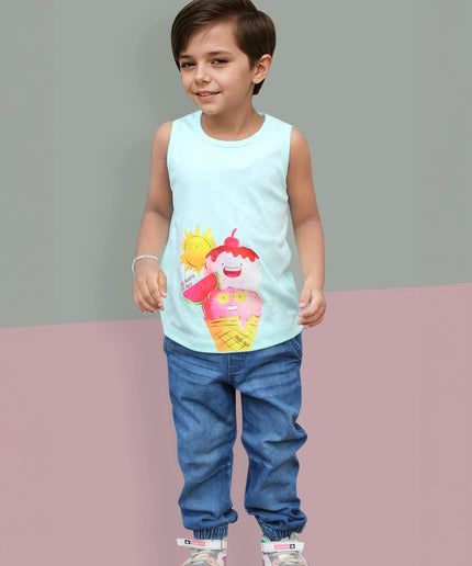 Sleeve Less Boys Blue Tshirt with Icecream Print