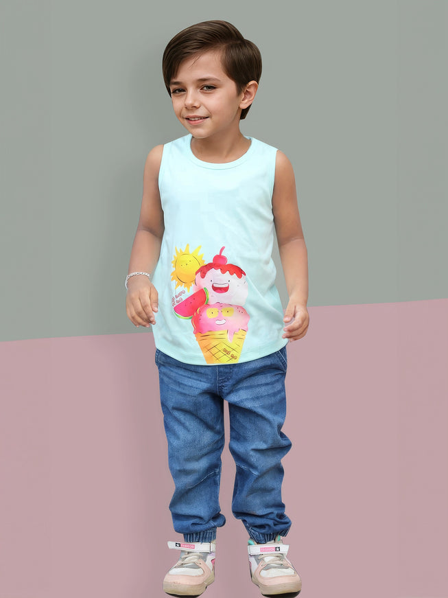 Sleeve Less Boys Blue Tshirt with Icecream Print