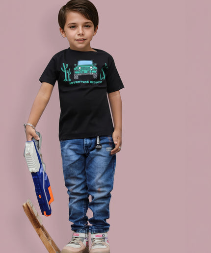 Half Sleeve Boys Black Tshirt with Jeep Print