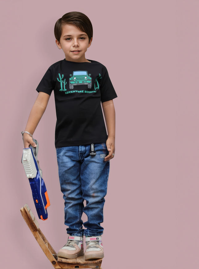 Half Sleeve Boys Black Tshirt with Jeep Print