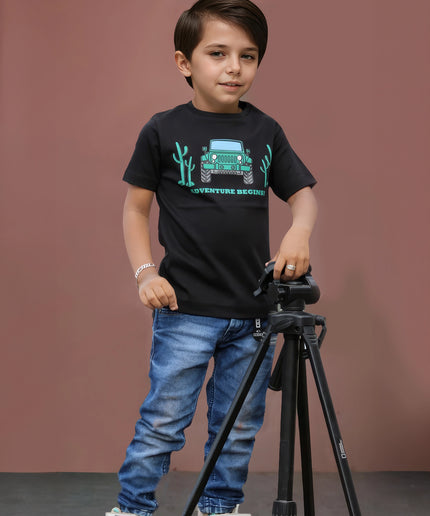 Half Sleeve Boys Black Tshirt with Jeep Print