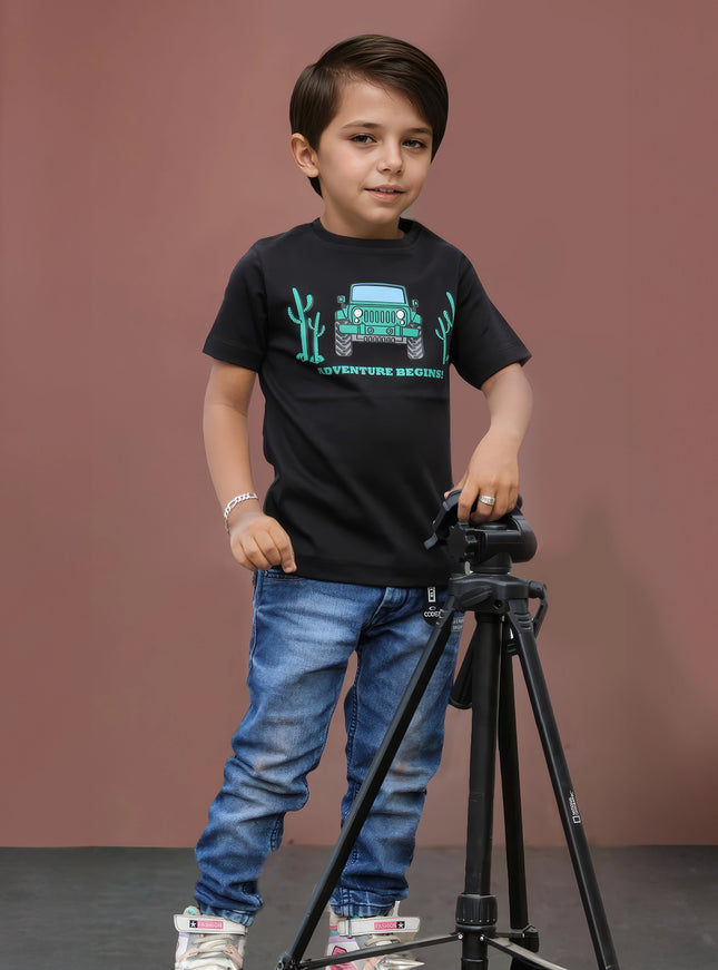 Half Sleeve Boys Black Tshirt with Jeep Print