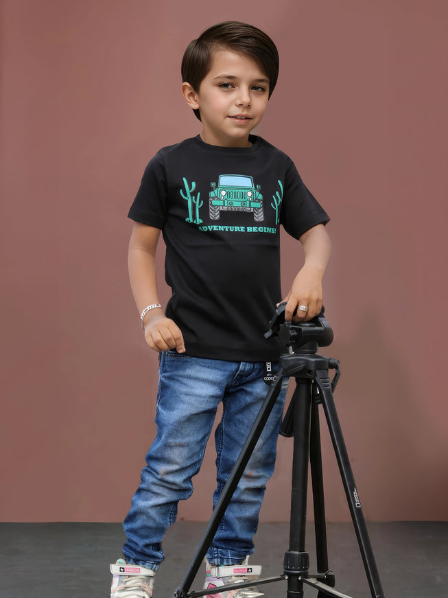 Half Sleeve Boys Black Tshirt with Jeep Print